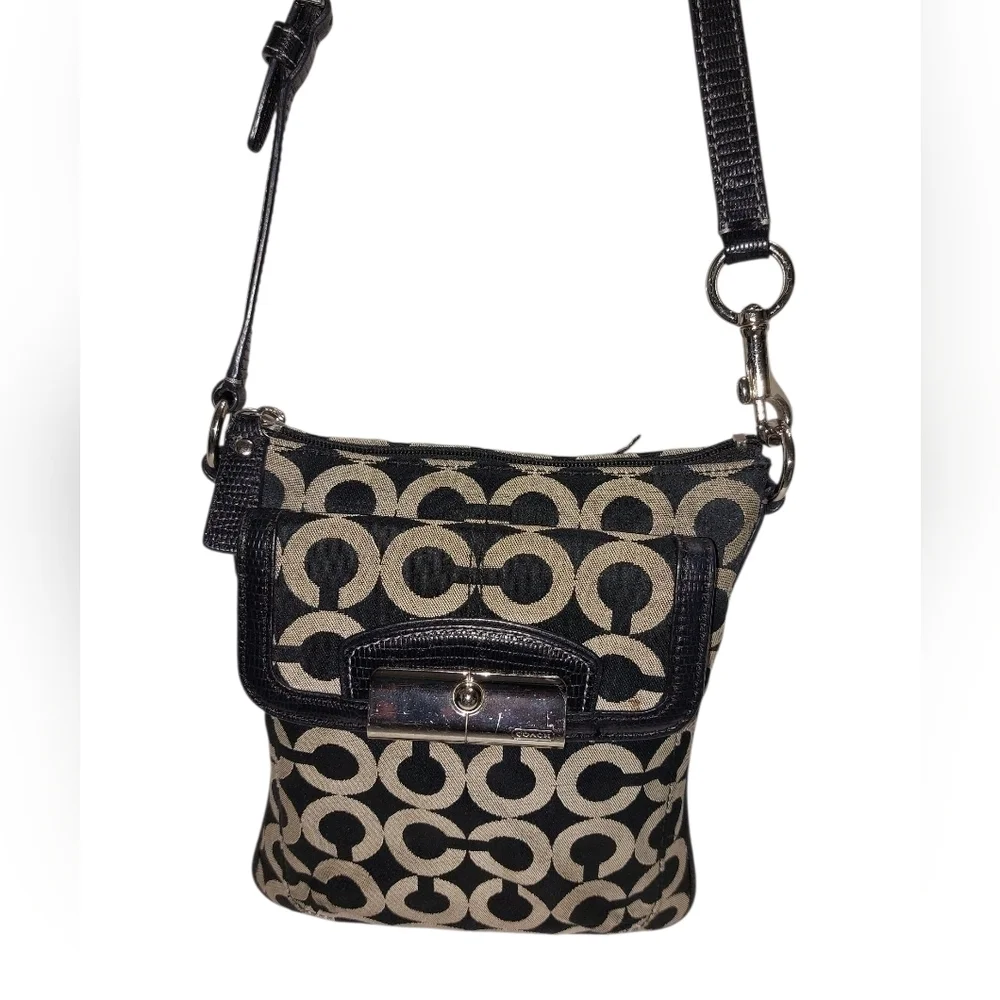 Coach Black and Cream Crossbody Bag with Monogram Pattern